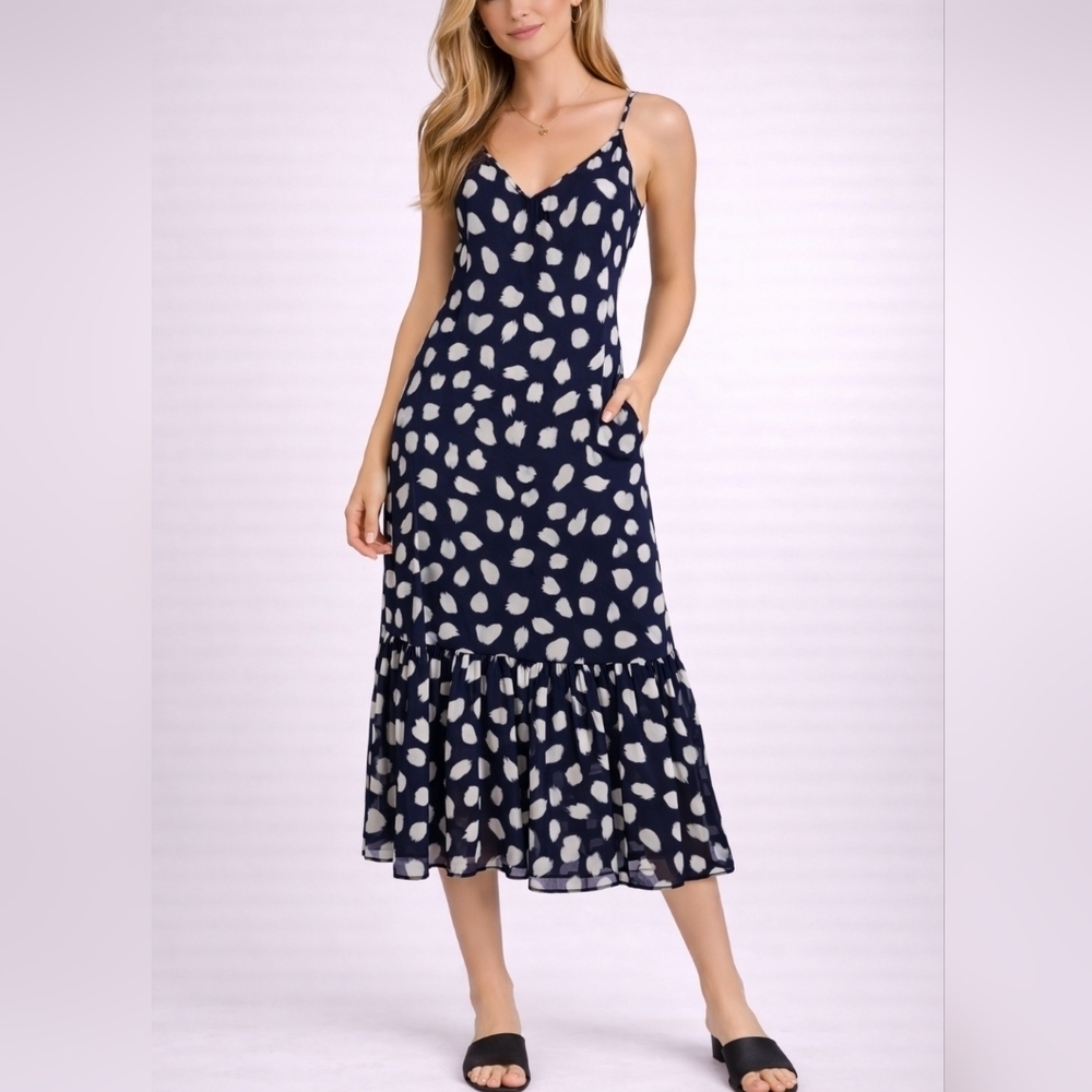 Scoop Navy Blue Open Back Spaghetti Strap Brushstroke Slip Dress